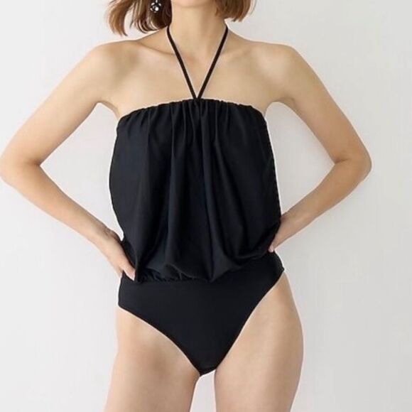 J Crew Black Jersey Lomellina Blouson Tassel Halter Strapless Swimsuit Sz 22 NWT - Picture 2 of 16